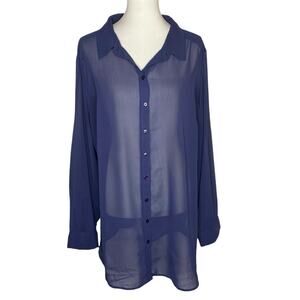 Roman's Sheer Top Navy Blue Button Up Flowy Tunic Blouse 26W Boho Chic Ethereal
